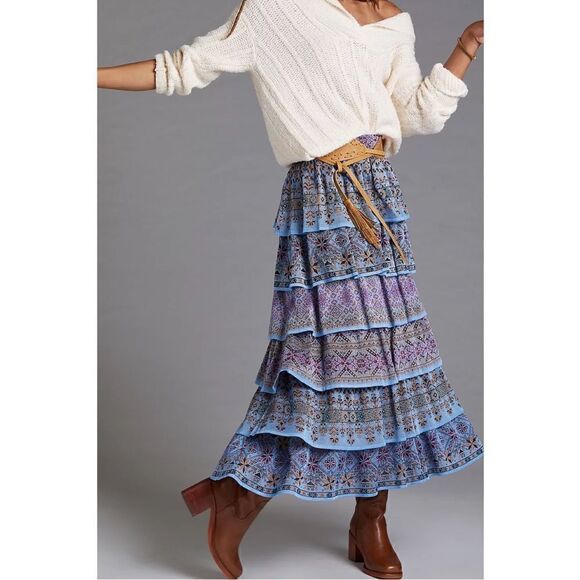NEW Anthropologie Cecilia Prado Blue Tiered Abstract Pull-On Maxi Skirt Medium - Picture 4 of 4